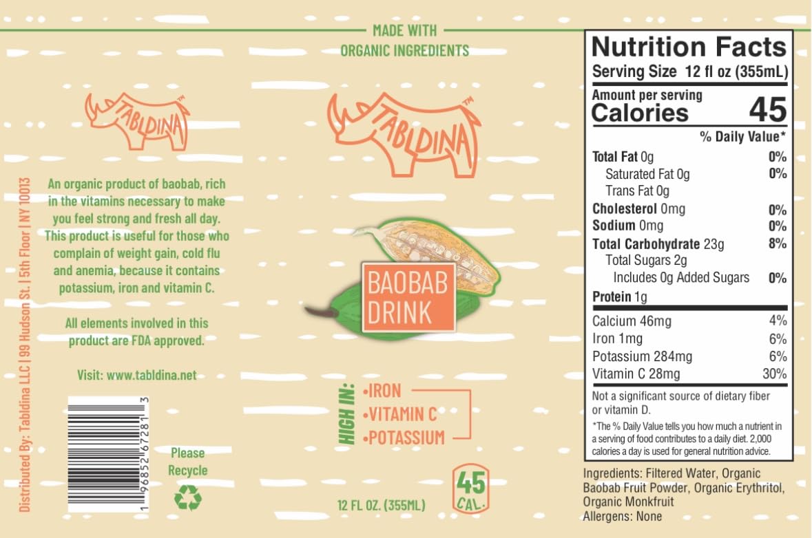 Baobab Drink Organic with Iron, Vitamin C and Potassium, 12 fl oz, 45 Calories