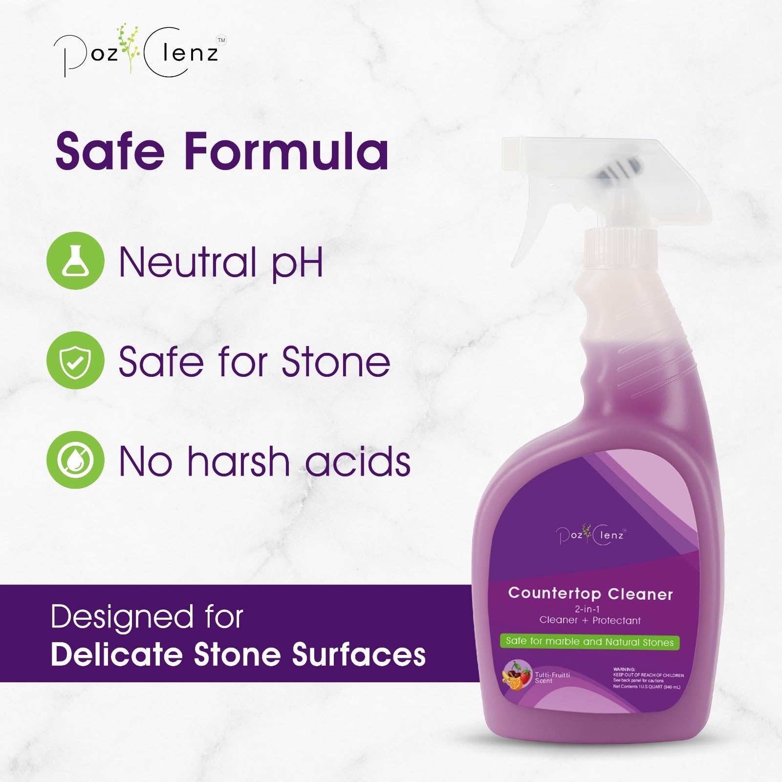 Poz Clenz 2-in-1 Countertop Cleaner + Protectant. Neutral pH Formula for Marble, Granite, Quartz & Engineered Stone. Safe Around Stainless Steel & All