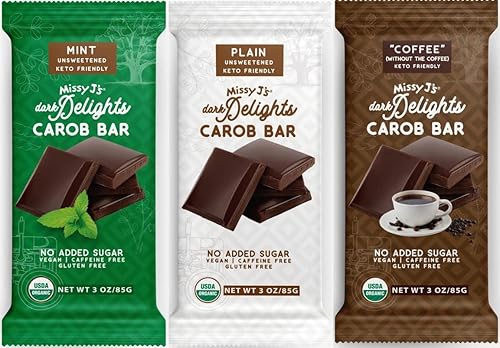 Missy J's Organic Carob Dark Delights Unsweetened Sampler Candy Bar 3 Pack, Vegan, Gluten and Caffeine Free Healthy Substitute for Chocolate, Perfect