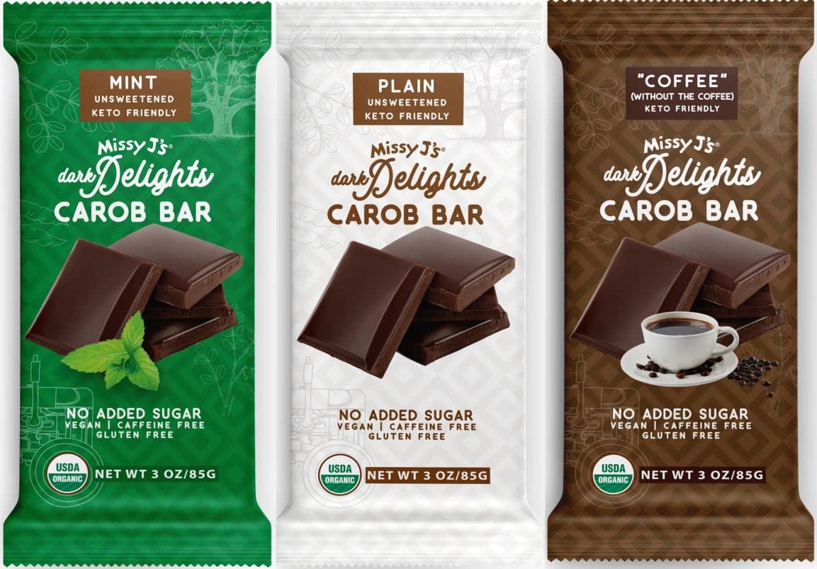 Missy J's Organic Carob Dark Delights Unsweetened Sampler Candy Bar 3 Pack, Vegan, Gluten and Caffeine Free Healthy Substitute for Chocolate, Perfect