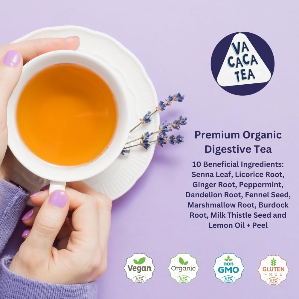 VaCaCa Mild Organic Laxative Tea - Caffeine Free Premium Herbal Tea with Senna Leaf, Dandelion Root, Peppermint, Milk Thistle and Burdock Root - 14