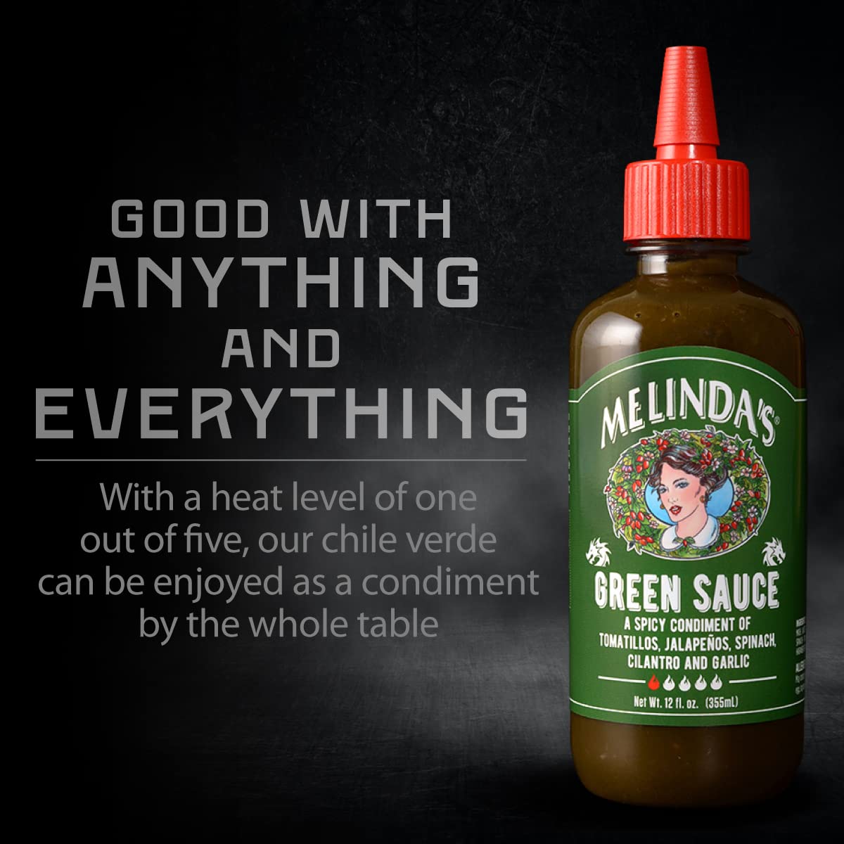Melinda’s Green Sauce - Gourmet Mild Chile Verde Hot Sauce Made With Fresh Ingredients, Tomatillos, Jalapeño, Spinach & Cilantro - 12 oz, 2 Pack