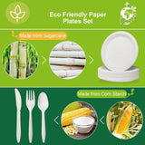 250 PCS Compostable Paper Plates and Utensils Set (EXTRA LONG), White Microwaveable Compostable Dinnerware Set, Disposable Plates, Bowls & Cutlery