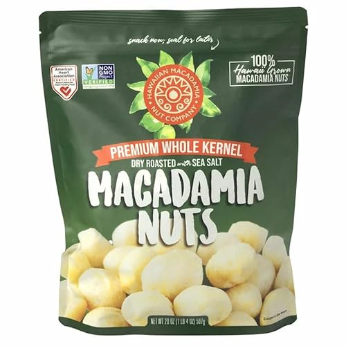 Hawaiian Macadamia Nut Company Premium Whole Kernel Macadamia Nuts, Dry Roasted with Sea Salt, 100% Hawai'i-Grown - Buttery Smooth Crunch, Sustainably