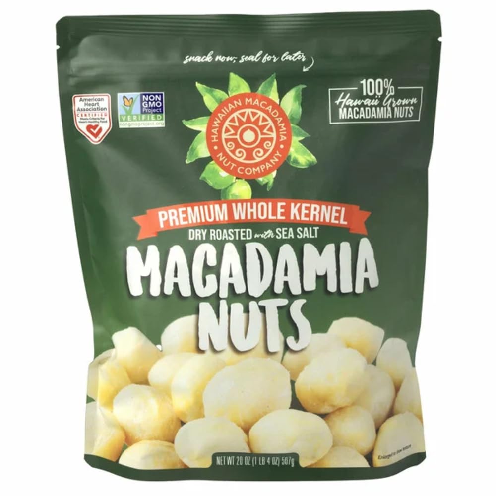 Hawaiian Macadamia Nut Company Premium Whole Kernel Macadamia Nuts, Dry Roasted with Sea Salt, 100% Hawai'i-Grown - Buttery Smooth Crunch, Sustainably