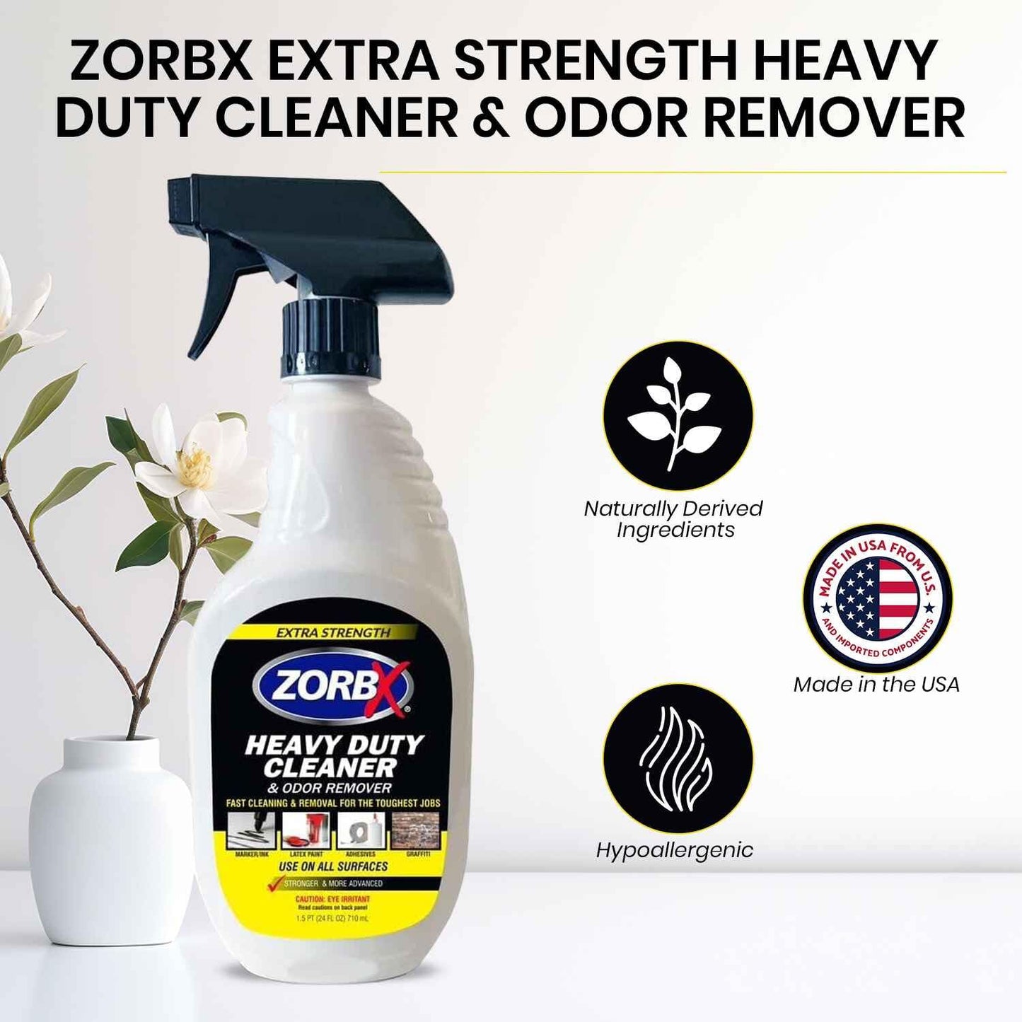 ZorbX Extra Strength Heavy Duty Cleaner and Odor Remover - Graffiti Remover - Black marker Remover - Paint and Adhesive Remover - (24 FL Oz)