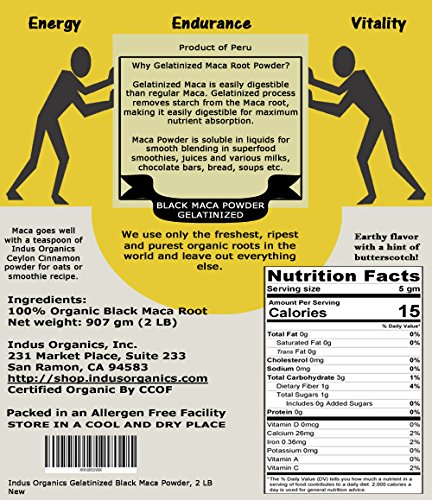 Indus Organics Black Maca Powder, 2 Lb Bag, Gelatanized, Freshly Harvested,Pre-Washed, Premium Quality, Non-GMO, LOT#22030584