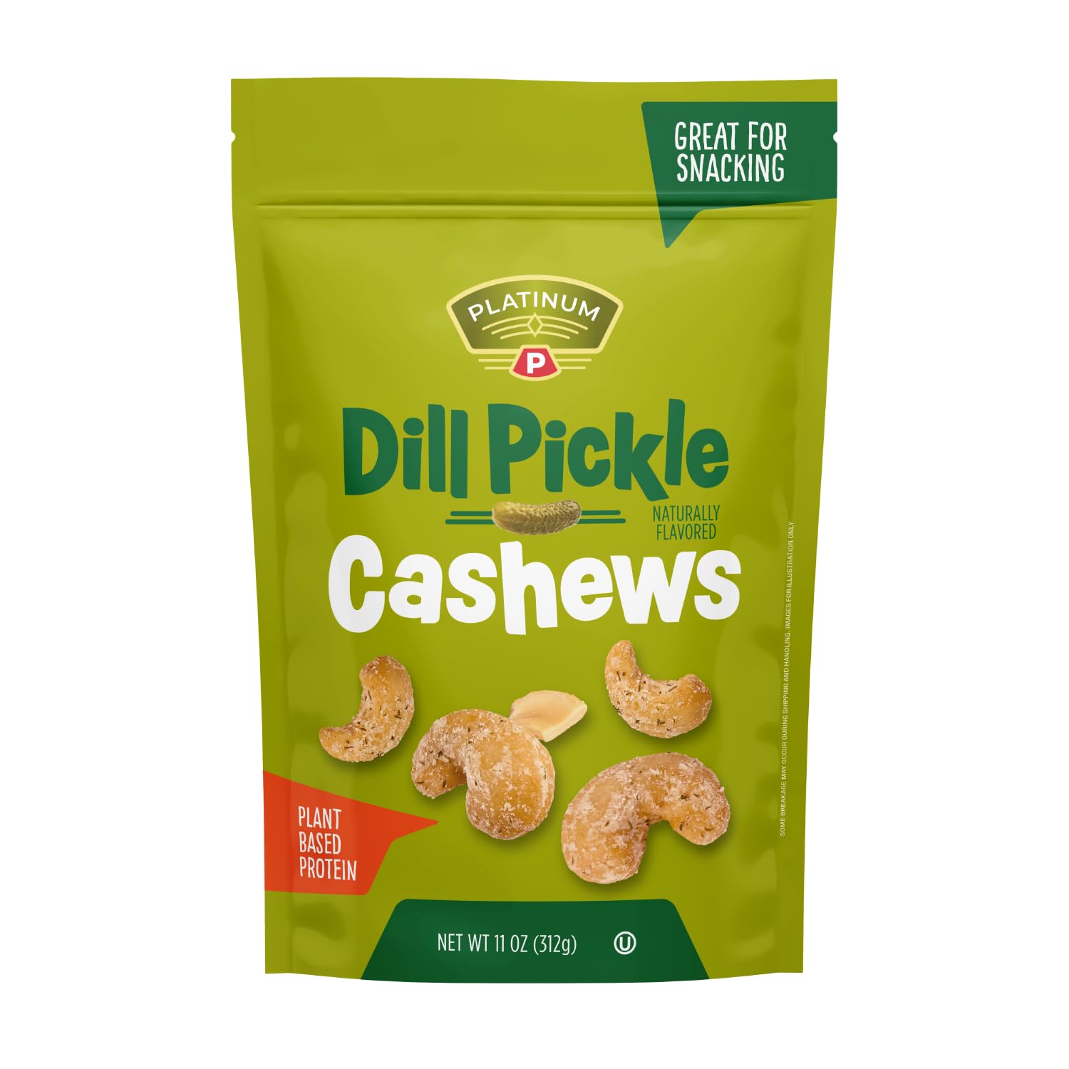 Platinum Dill Pickle Cashews - Plant Based Protein, Fiber, Healthy Snack - Roasted with Tangy Zest of Dill Pickle - Can Bring at Home, Work, Office