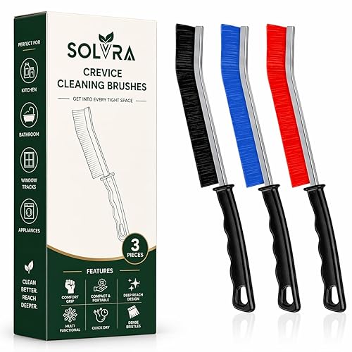 Crevice Cleaning Brush Set - 3Pcs Hard Bristle Cleaning Tools in Black, Red & Blue for Grout, Tile Floors, Gaps & Narrow Spaces - Small Grout Scrub