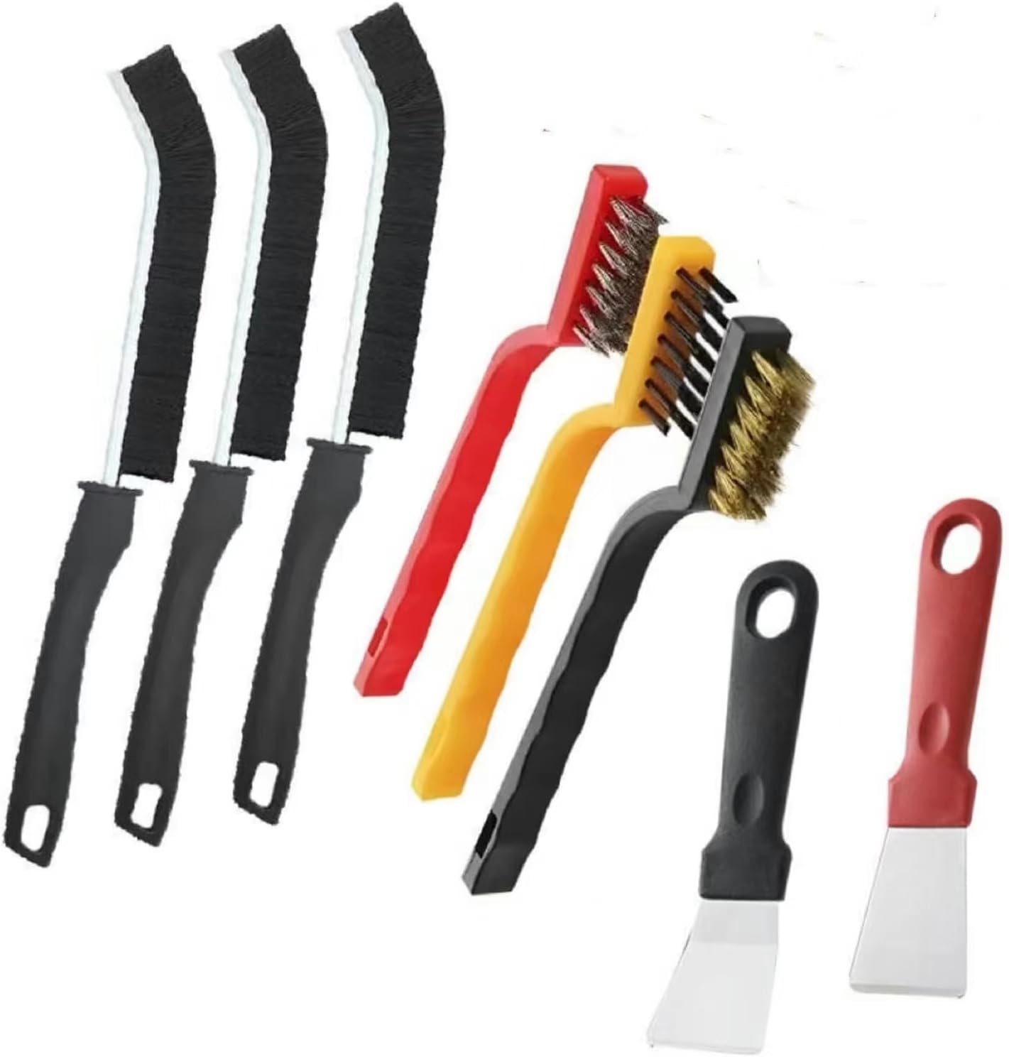 8Pcs Multicolour Kitchen Stove Cleaning Brush+Heavy Duty Scraper Tool Set for Gas Burners Cooktop Pot Pan Brass,Stainless Steel and Nylon Brush Head