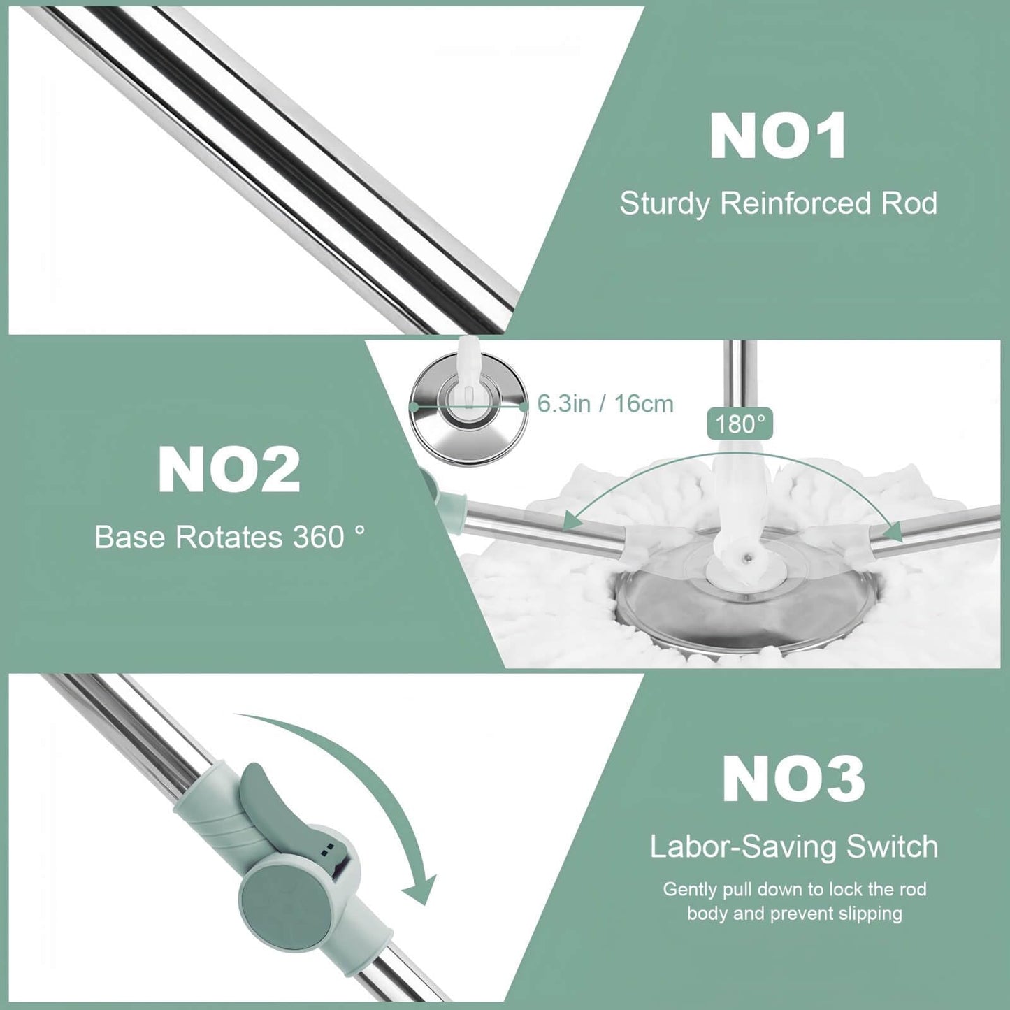Spin Mop Replacement Handle, Upgraded Reinforced Locking 360° Spinning Adjustable Cleaning Mop, 2 Reinforced Locking Telescopic Rods + 3 Reusable