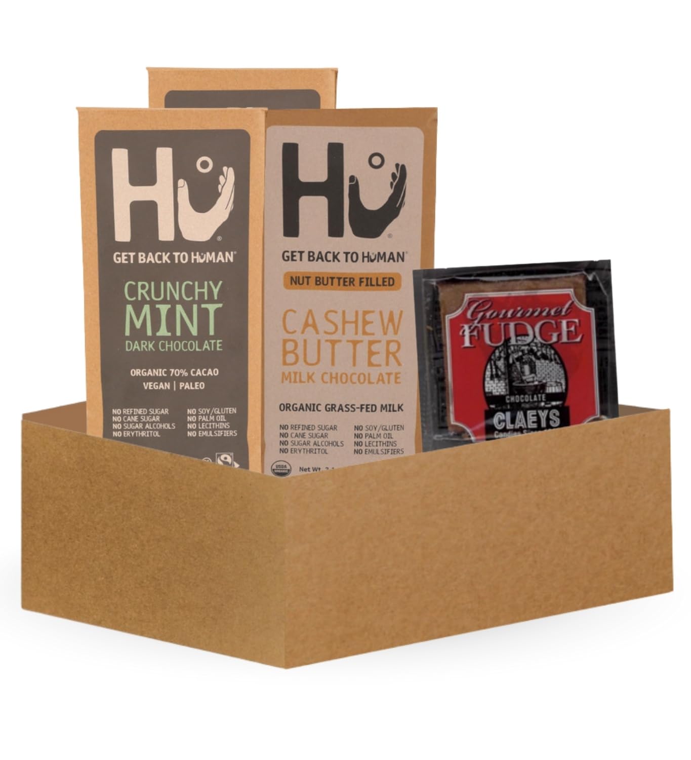 2x Hu Chocolate Crunchy Mint 2.1 oz and Cashew Butter Milk Bar 2.1oz Bundle with Claeys Old Fashioned Chocolate Fudge 1.75 oz - Organic Vegan