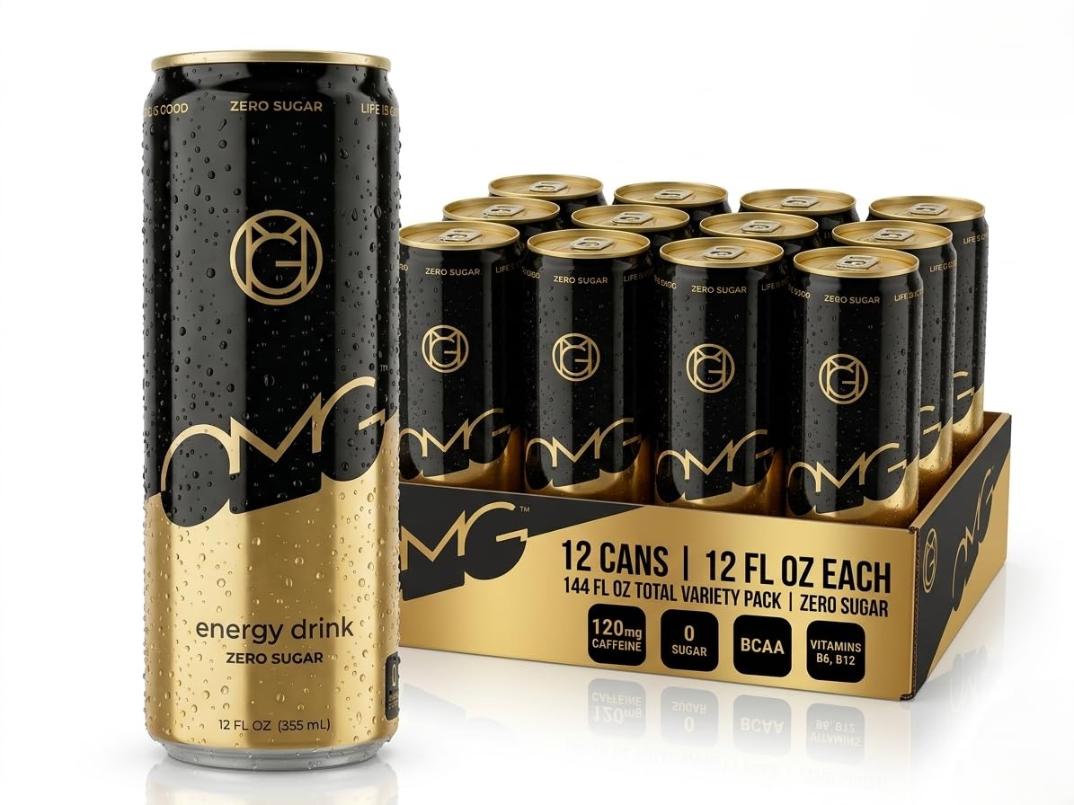 OMG Energy Drink Sugar Free, 120mg Natural Caffeine, 12 Pack - BCAA & Vitamins