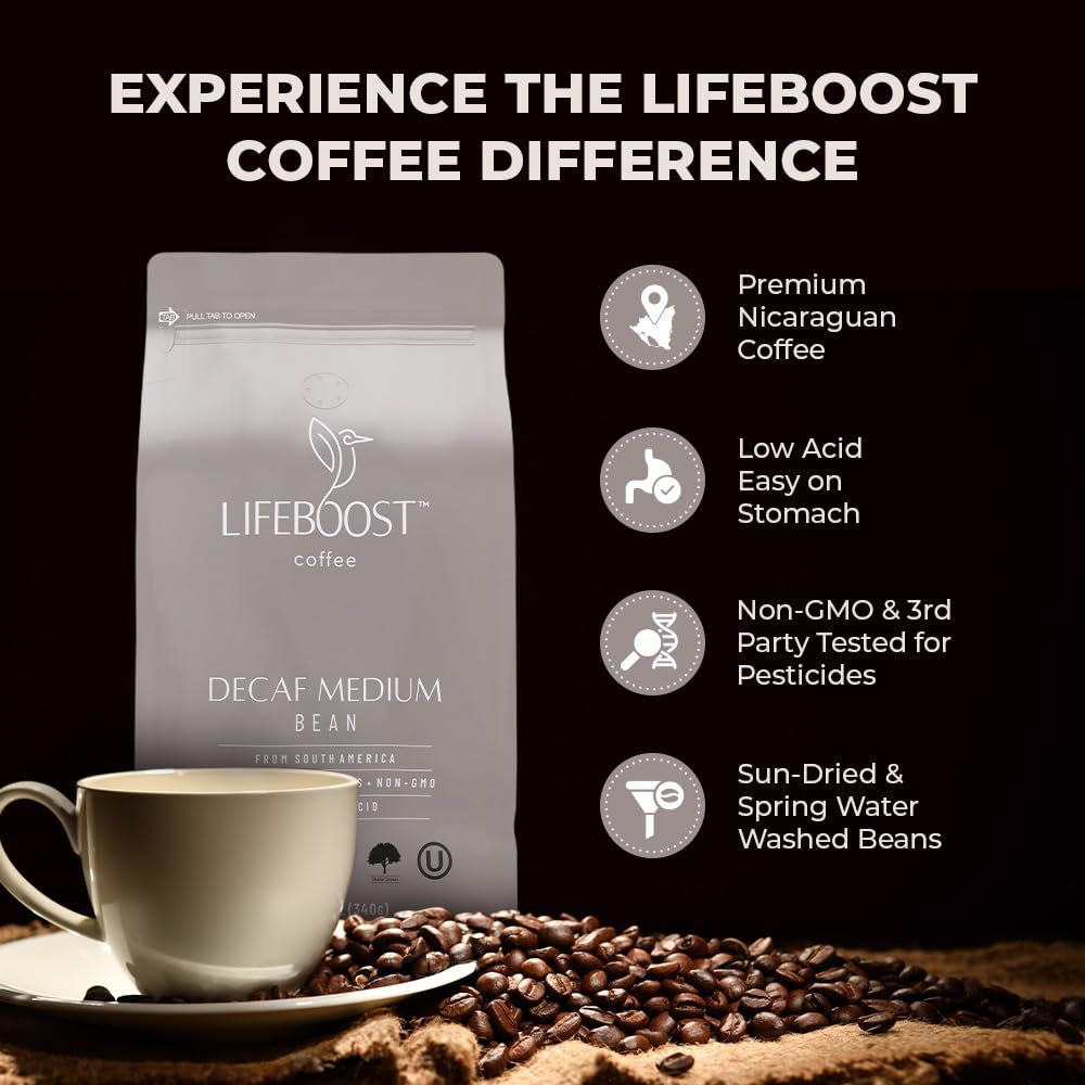 Lifeboost Medium Roast Swiss Water Decaf Whole Bean Coffee - Low Acid Organic Decaf Coffee, Non-GMO, USDA Organic, Single Origin, Third-Party Tested