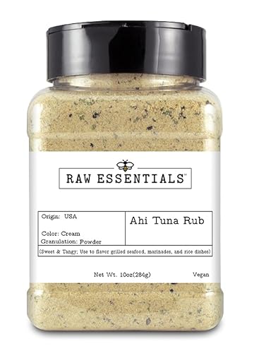 Raw Essentials Ahi Tuna Rub - Sweet, Spicy, and Tangy Flavor for Ahi Tuna Steak, Grilled Seafood, Marinades and Rice Dishes - 10 Ounce Bottle