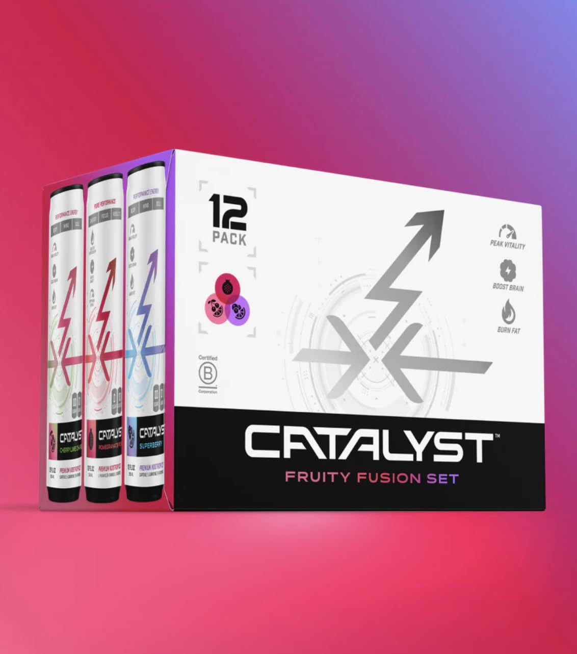 CATALYST | Fruit Fusion Set - 12 Pack Energy Drinks | 3 Fruit Flavors | Zero Sugar, 10 Calories, 120mg Caffeine | Natural Nootropics | SuperBerry