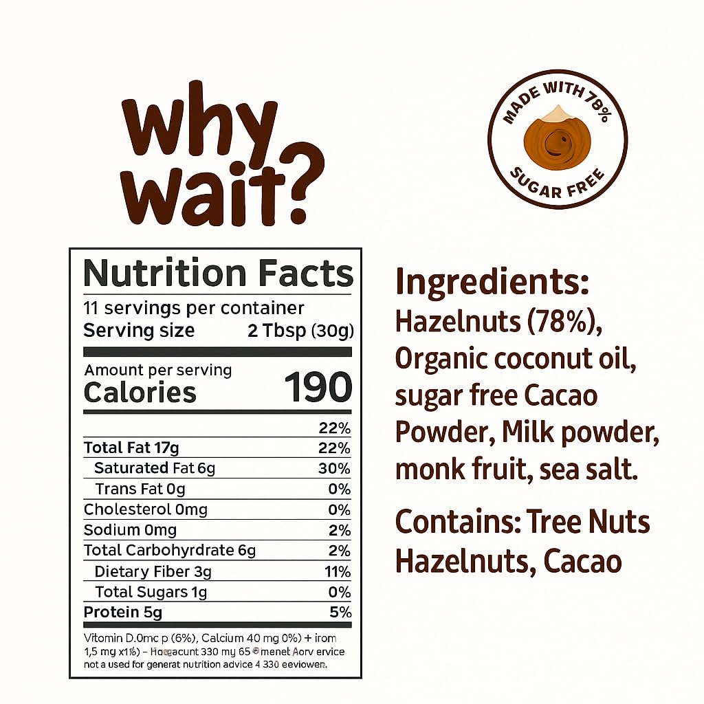 Why Wait? Velvet Hazelnut & Cocoa Spread - 78% Hazelnuts • Monk Fruit Sweetened • Sugar Free • Keto & Low Carb Chocolate Spread • No Palm Oil •