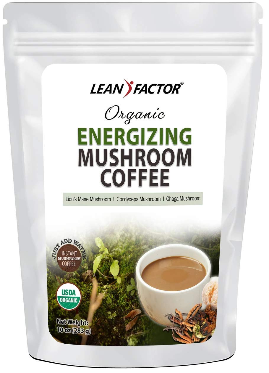Lean Factor: Organic Energizing Mushroom Coffee - (10 oz) Bag of Premium and Nutrient-Packed Coffee With Lion’s Mane, Cordyceps & Chaga - Lightly