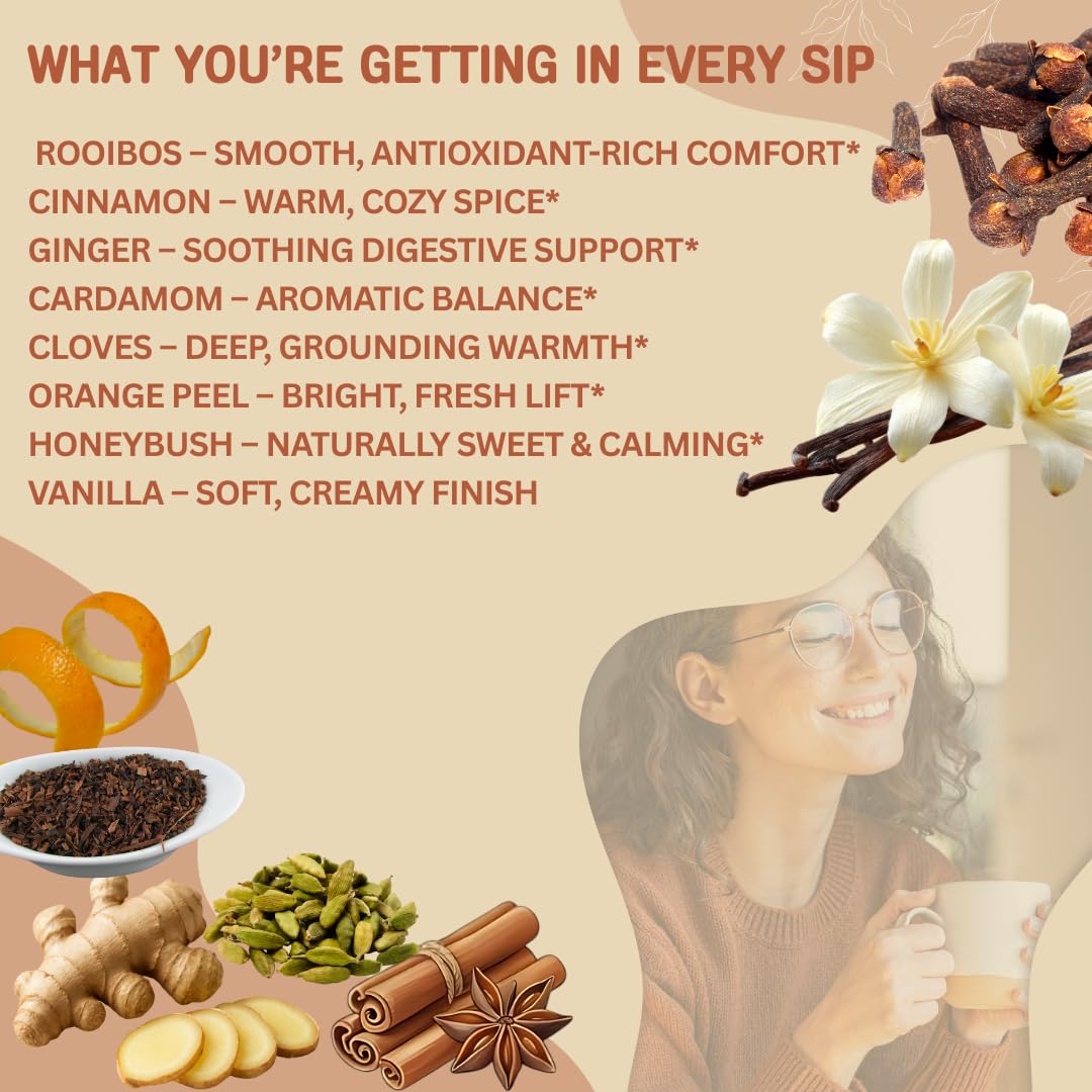 Amazing Chai Herbal Tea - Rooibos, Cinnamon, Ginger, Cardamom & Cloves - Caffeine-Free Spiced Blend for Digestive Comfort & Calm Balance - 3 oz Loose