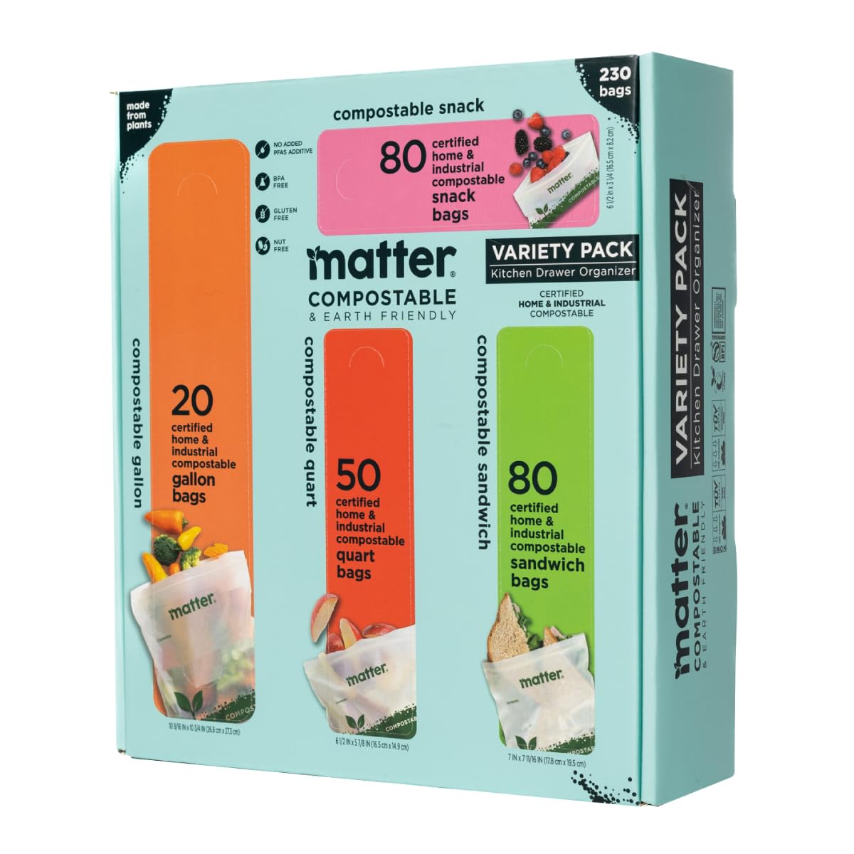 Matter Compostable Assorted Kitchen Bags, 230 Count, Biodegradable, Eco-Friendly Resealable Food Storage Variety Pack, 80 Snack, 80 Sandwich, 50 Quart
