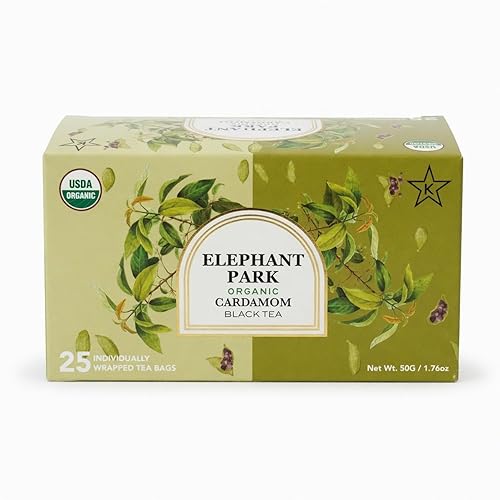 Elephant Park USDA Organic Cardamom Black Tea, 25 Individually Wrapped Tea Bags, Spiced Chai Style Blend With Natural Cardamom Flavor, Hot Or Iced