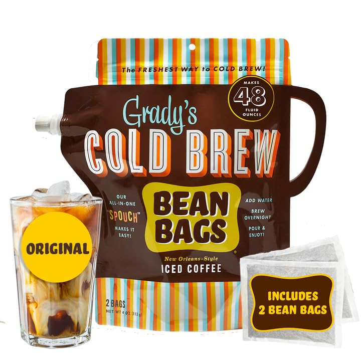 GRADY’S COLD BREW, New Orleans Style, 100% Arabica Ground Coffee & Chicory Pouches, All-in-One Cold Brew Mini Kit with 2 Easy-to-Brew Beans Bags
