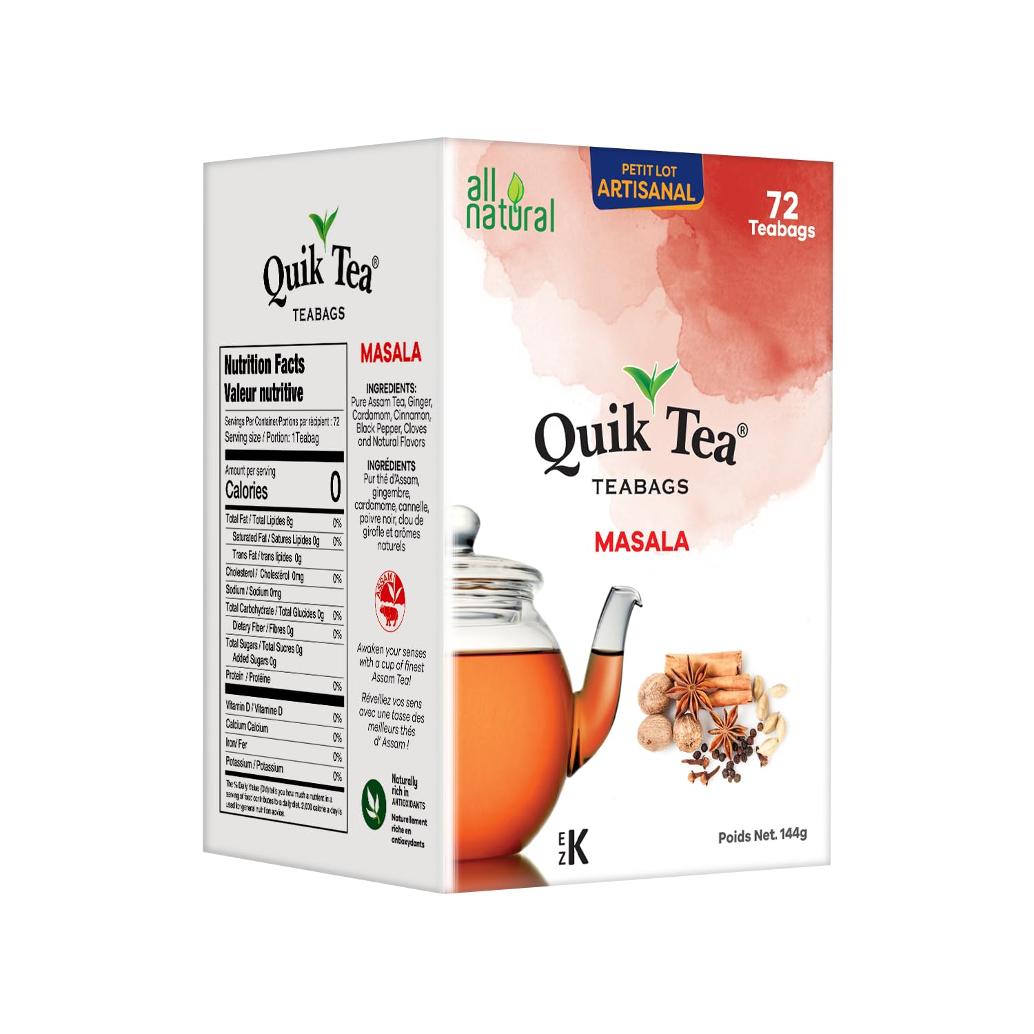 QuikTea Masala Tea Bags - 72 Count - Assam Tea Paired with Authentic Spice Extracts, All Natural, Preservative Free - Easy To Brew, Kosher