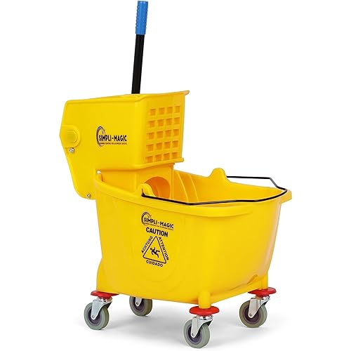Simpli-Magic Commercial Mop Bucket with Side Press Wringer, 26 Quart - 50,000 Cycles Wringer - Industrial Mop Bucket with Wheels, Yellow