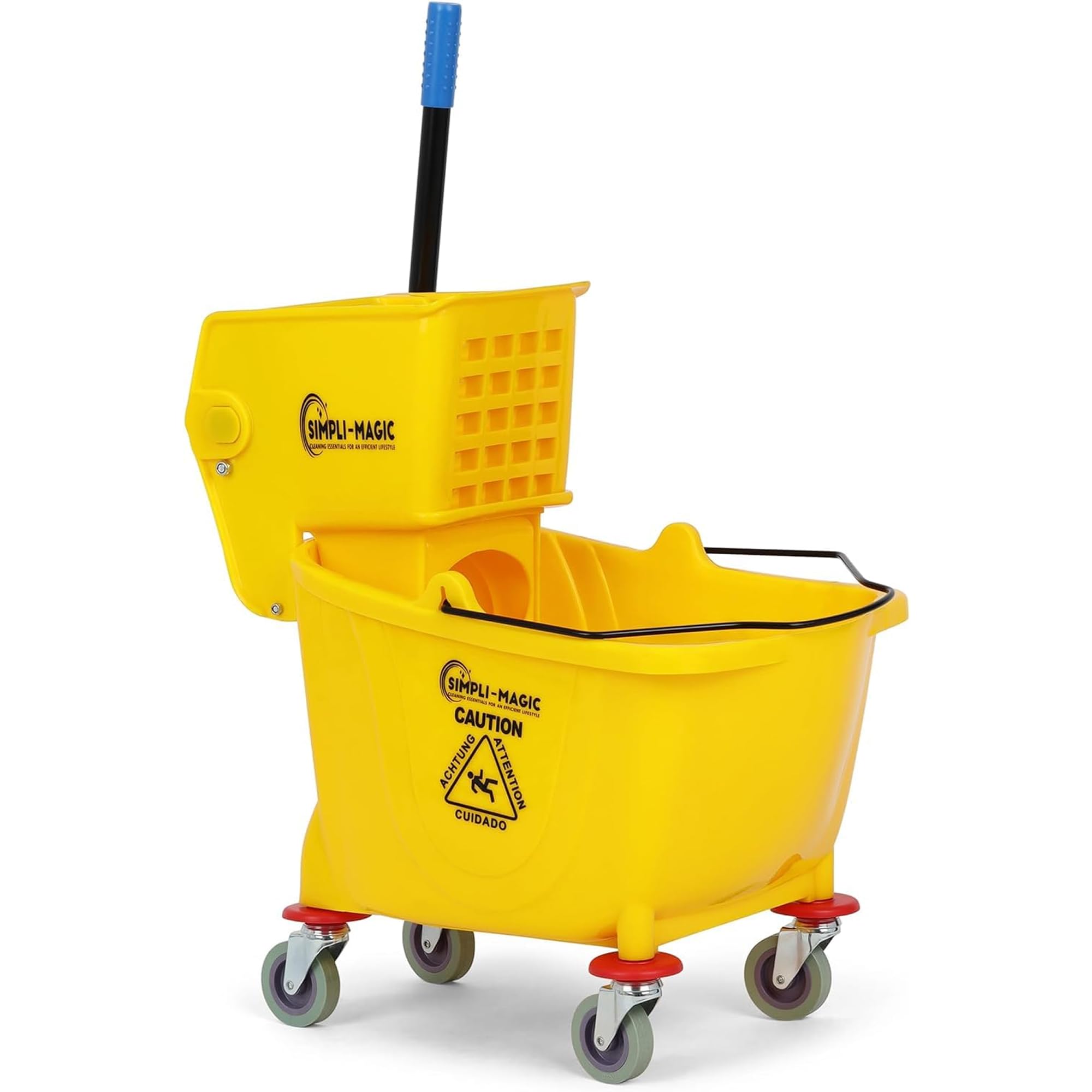 Simpli-Magic Commercial Mop Bucket with Side Press Wringer, 26 Quart - 50,000 Cycles Wringer - Industrial Mop Bucket with Wheels, Yellow