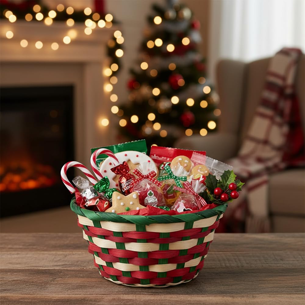 12 Pack Premium Handmade 6" Round Holiday Gift Baskets - Mini Christmas Bamboo Baskets for Holiday Events, Candy, Treats, DIY Gift Sets, Party Favors