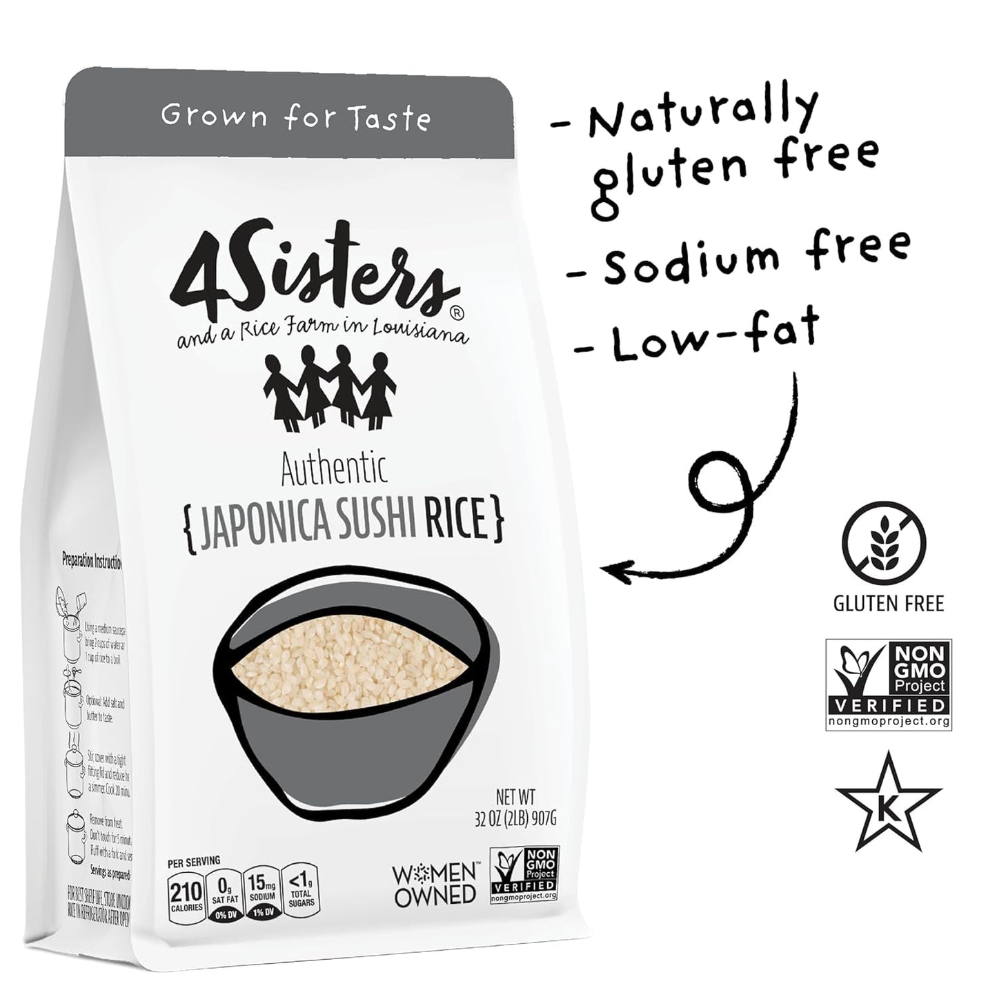 4Sisters - Authentic Short Grain Japonica Sushi Rice - Sustainably Grown - Women Owned - Farm to Table - 2lb