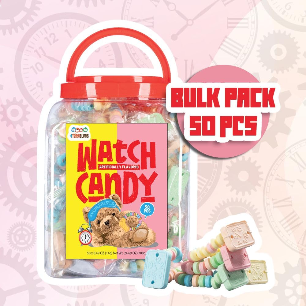50 Candy Bracelet Watches, Nostalgic Candy Jewelry Individually Wrapped, Delicious and Perfect for Party Favors, Goody Bags and Birthdays, by
