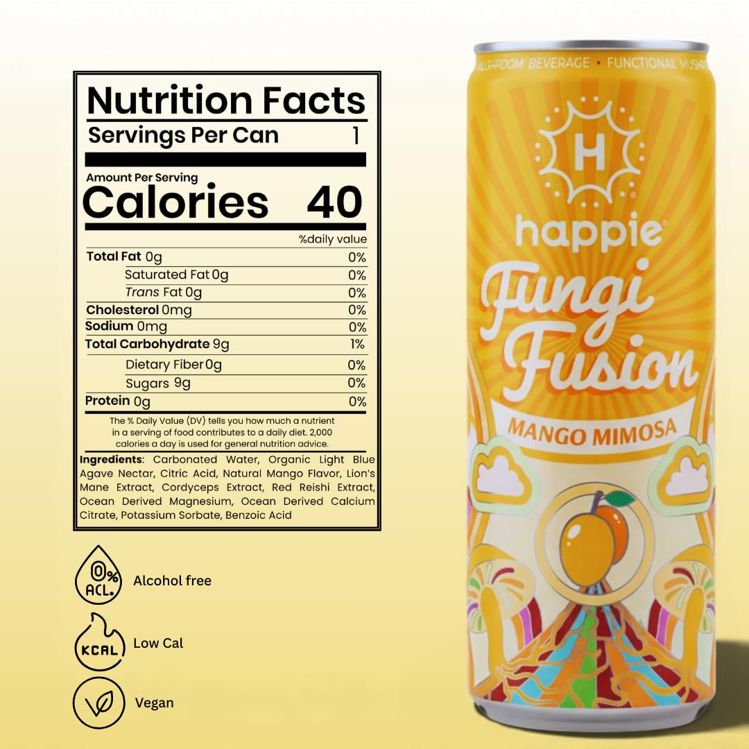 Happie Fungi Fusion Mango - Sparkling Mushroom Drink with Lion's Mane (900mg), Cordyceps (700mg) & Red Reishi (400mg) - Plant-Based Nootropic, 40