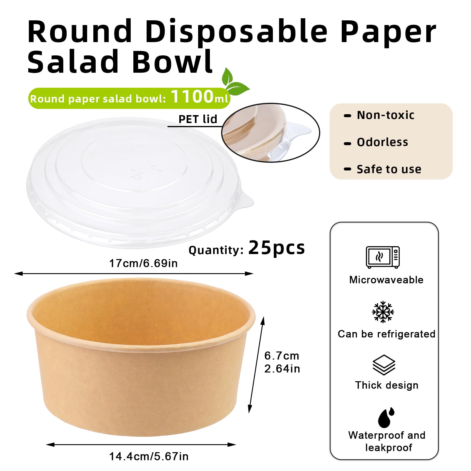 Fniiva 37 oz 25 Pack Disposable Bowls with Lids, Disposable Food Containers with Lids, Paper Bowls, Disposable Salad Bowls for Diet Salad, Ice Cream