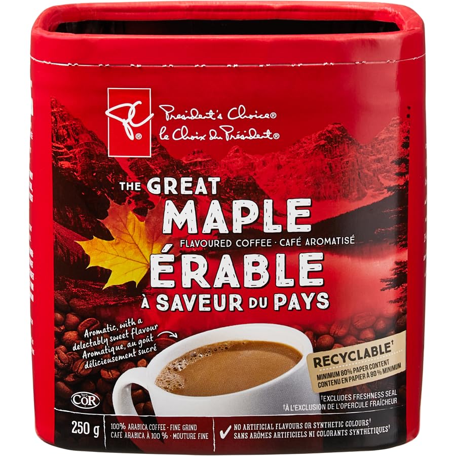 President's Choice The Great Canadian Maple Flavored Coffee, 250g/8.75 oz. Box (Medium Light Roast, Ground, Maple, 100% Arabica, Imported from Canada)