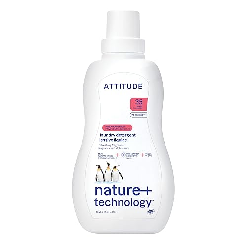 ATTITUDE Liquid Laundry Detergent, EWG Verified, HE Compatible, Plant-Based & Vegan, Natural Laundry Soap, Pink Grapefruit Scent, 35 Loads, 35.5 Fl Oz