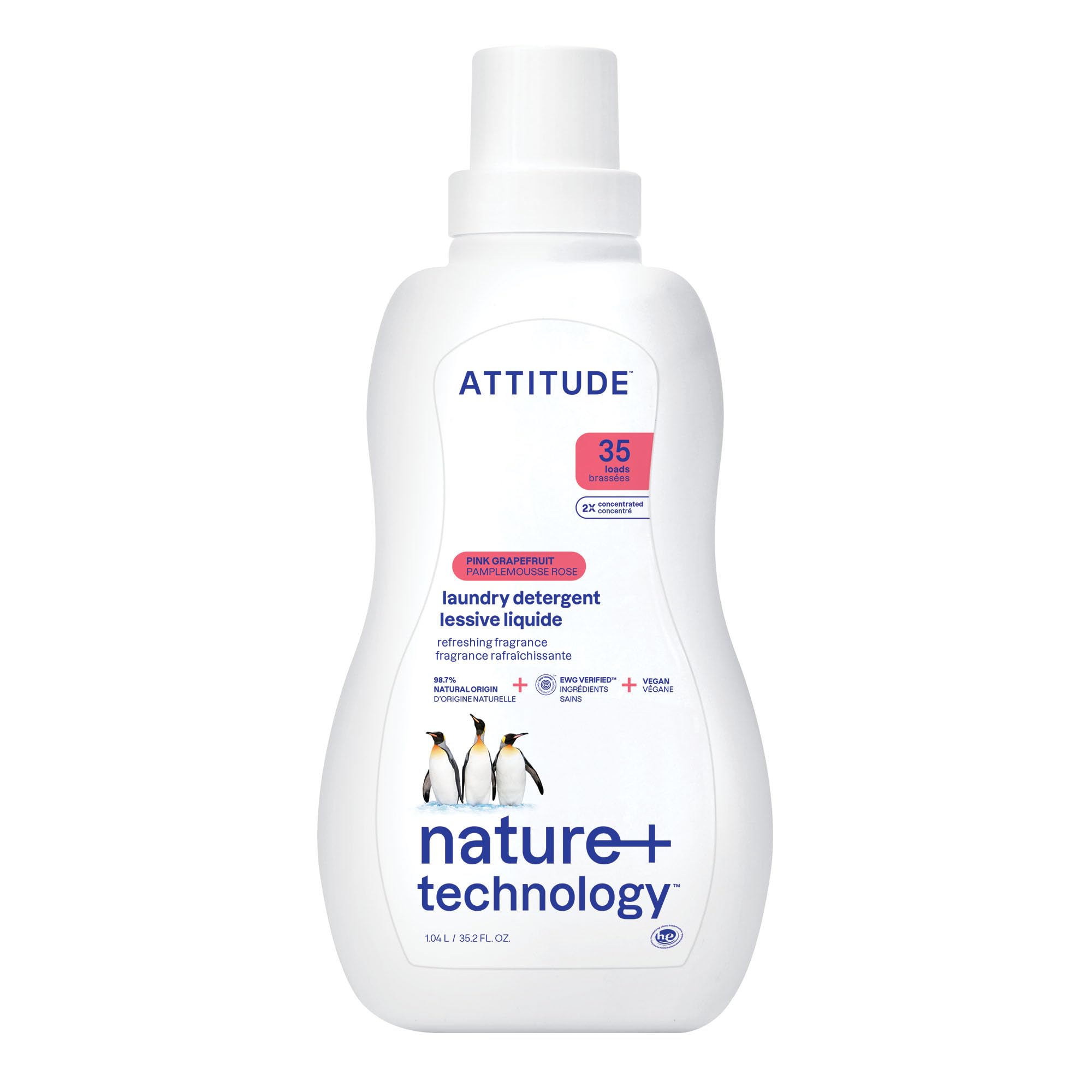 ATTITUDE Liquid Laundry Detergent, EWG Verified, HE Compatible, Plant-Based & Vegan, Natural Laundry Soap, Pink Grapefruit Scent, 35 Loads, 35.5 Fl Oz