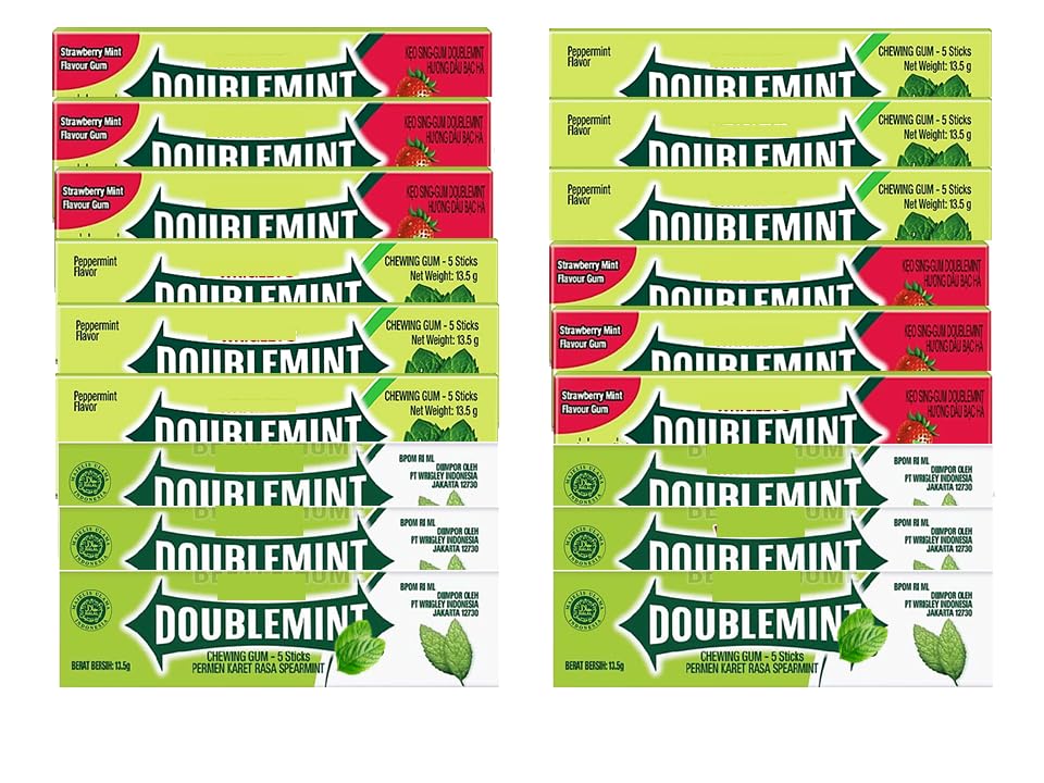 Wrigly Doubleminnt bundle of 3 flavors strawberry mint, peppermint and spearmint - 18 pack X 5 pcs (Total 90 pcs), 8.8oz - suitable as gift for events