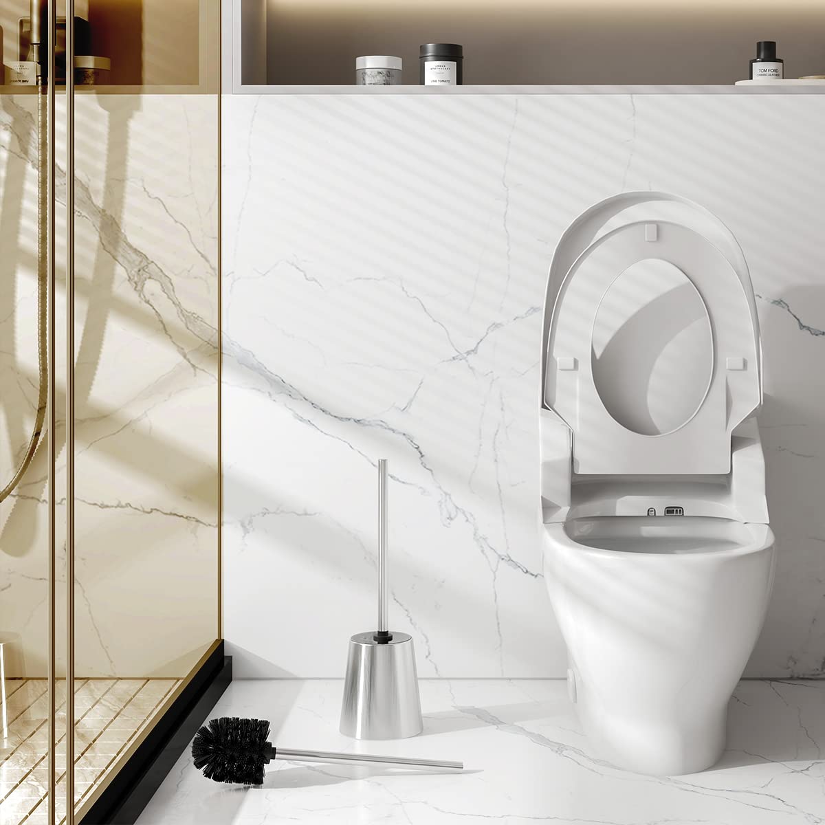 Eviva Modern Toilet Bowl Brush and Holder - Metal Toilet Brushes for Bathroom - Toilet Bowl Cleaner Brush with Lid - Toilet Scrubber Bathroom Brush