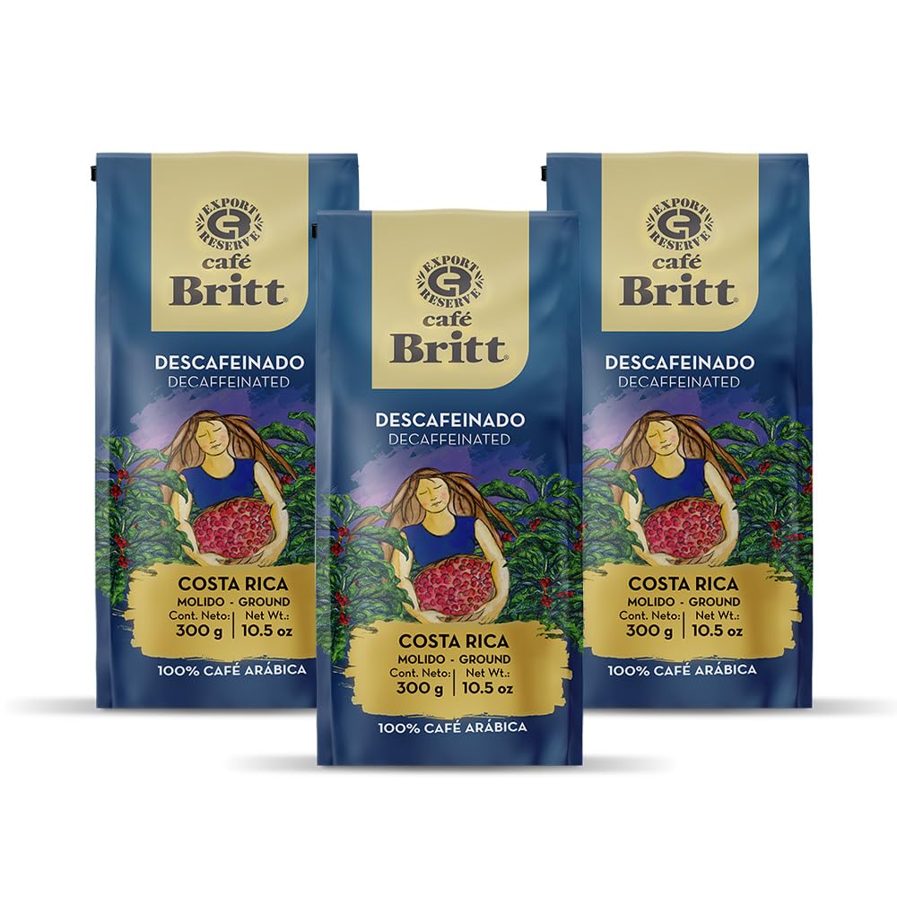 Café Britt® - Costa Rican Decaffeinated Coffee (10.5 oz.) (3-Pack) - Ground, Arabica Coffee, Kosher, Gluten Free, 100% Gourmet & Dark Roast