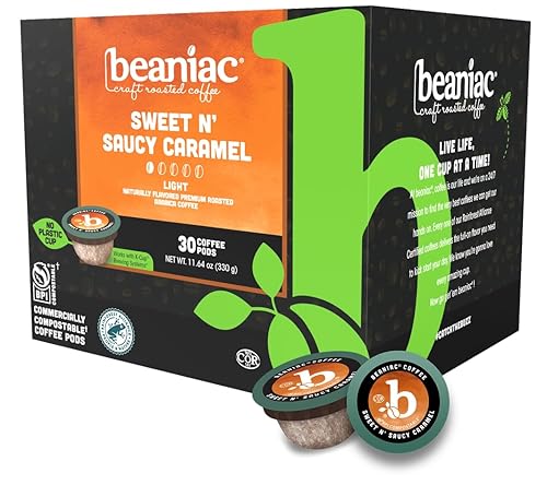 beaniac Sweet n' Saucy Caramel, Flavored Light Roast, Single Serve Compostable K Cup Coffee Pods, Arabica Coffee with Natural Flavors, Keurig Brewer