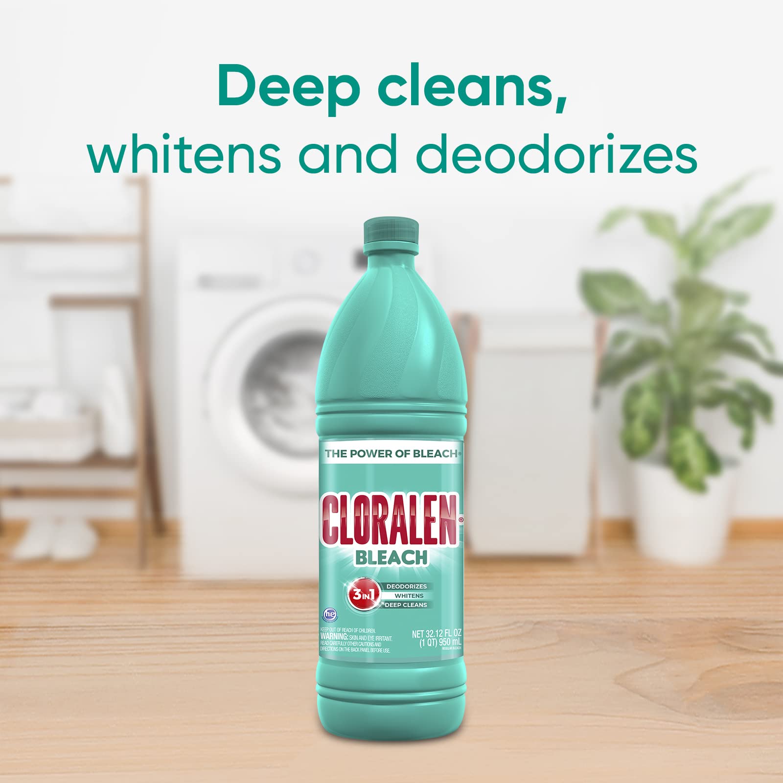 Cloralen Household Cleaning Liquid Bleach - 32.12 fl oz - 3-in-1 Multipurpose Cleaner for Laundry, Bathroom & Kitchen - Deodorizes, Whitens & Deep