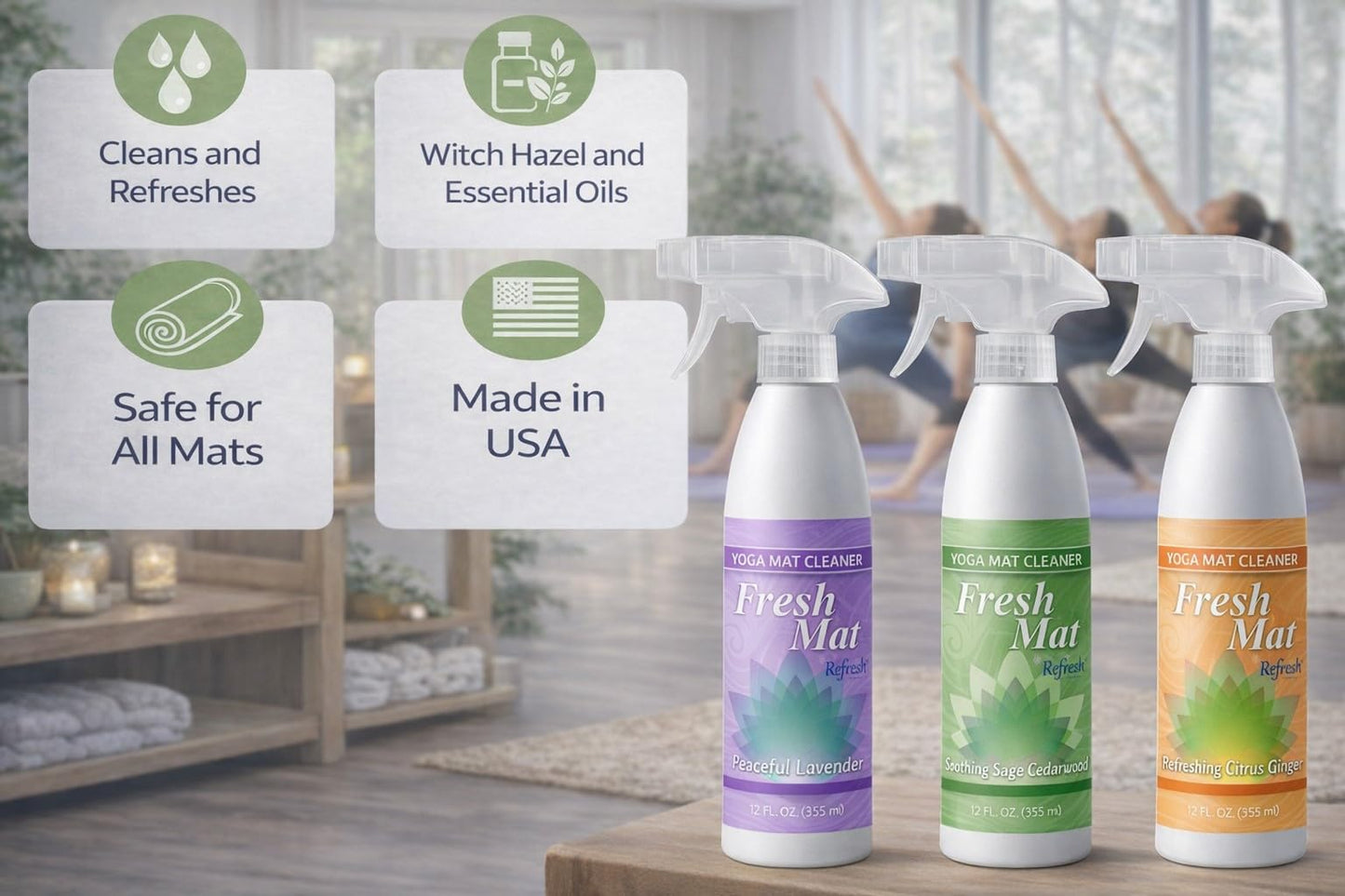 Fresh Mat Yoga Mat Cleaner Spray - Natural Deodorizing Cleaner for Yoga Mats & Fitness Equipment - No-Rinse, Residue-Free Formula with Witch Hazel
