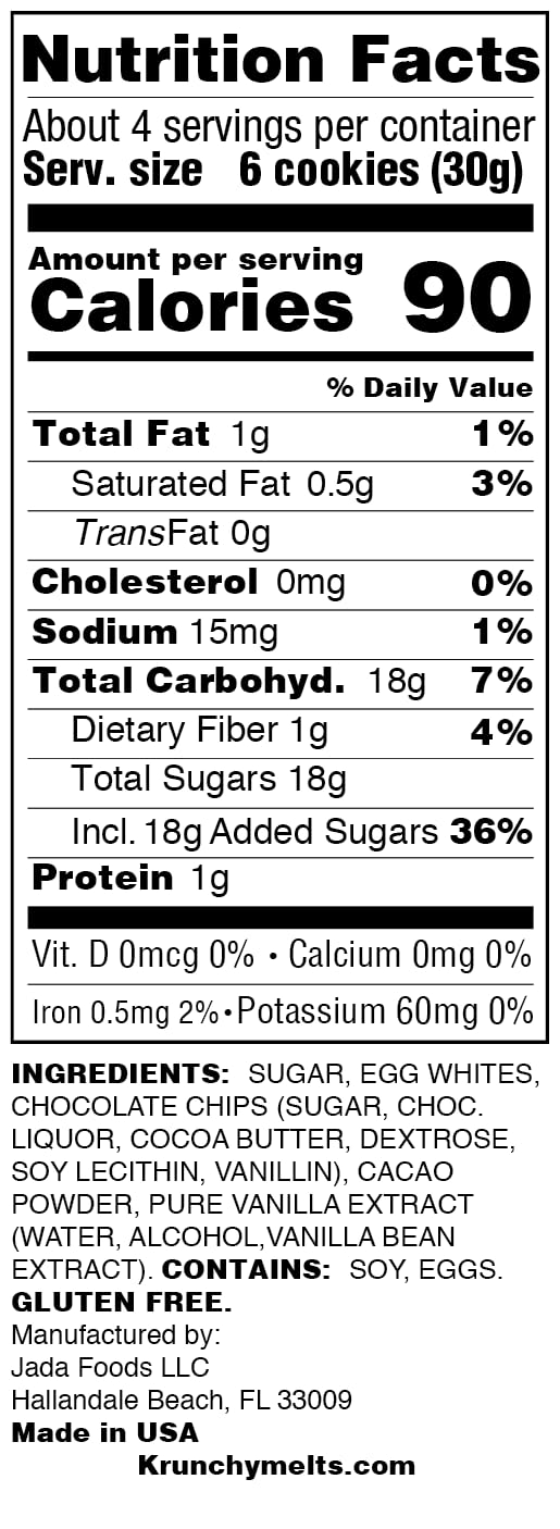 Krunchy Melts Original Meringue Cookies | Chocolate Chip Flavor | Only 90 Calories Per Serving | Low Fat, Gluten Free, Dairy Free (4 Oz)