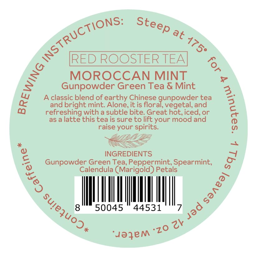 Red Rooster Tea Moroccan Mint - Gunpowder Green Tea with Peppermint, Spearmint & Marigold - 4oz Loose Leaf Canister - Makes ~36 Cups
