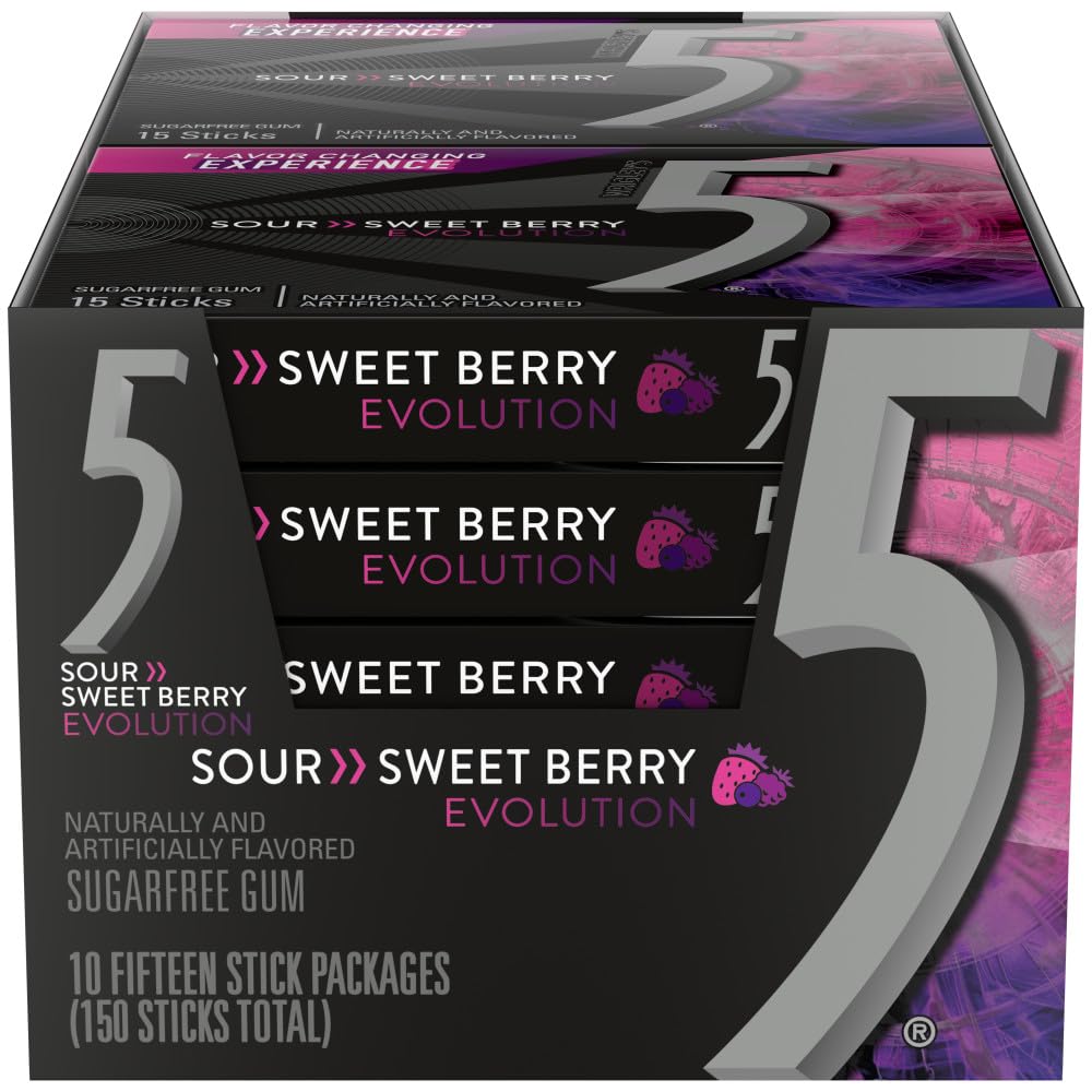 5 GUM Evolution Sour to Sweet Berry Flavor Changing Sugar Free Chewing Gum, 15-Stick Pack, 10 Count