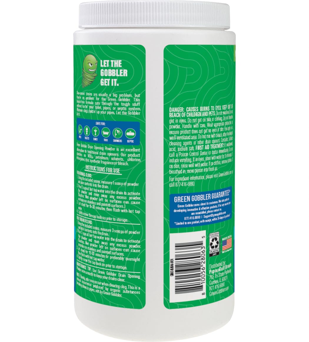 Green Gobbler Drain Clog Remover & Drain Cleaner Powder, 20+ Treatments, Maintenance Breaks Down Grease, Paper, Fat & Oil, Septic Safe