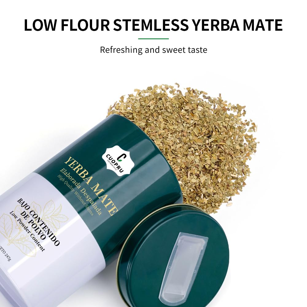 Yerba Mate, CUOPRU Traditional Argentinian Mate Tea, Low Tea Powder, Original Leaves without Stems, Included Portable Storage Container(Green