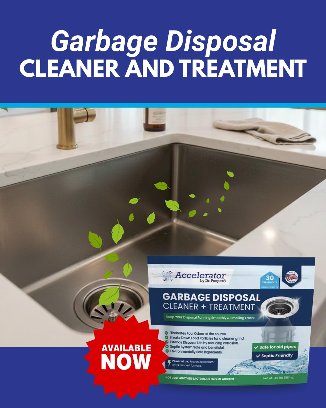 Accelerator by Dr. Pooper Garbage Disposal Cleaner and Treatment Eliminates Odors, Breaks Down Food Particles, Extends Disposal Life Non-Toxic, Septic
