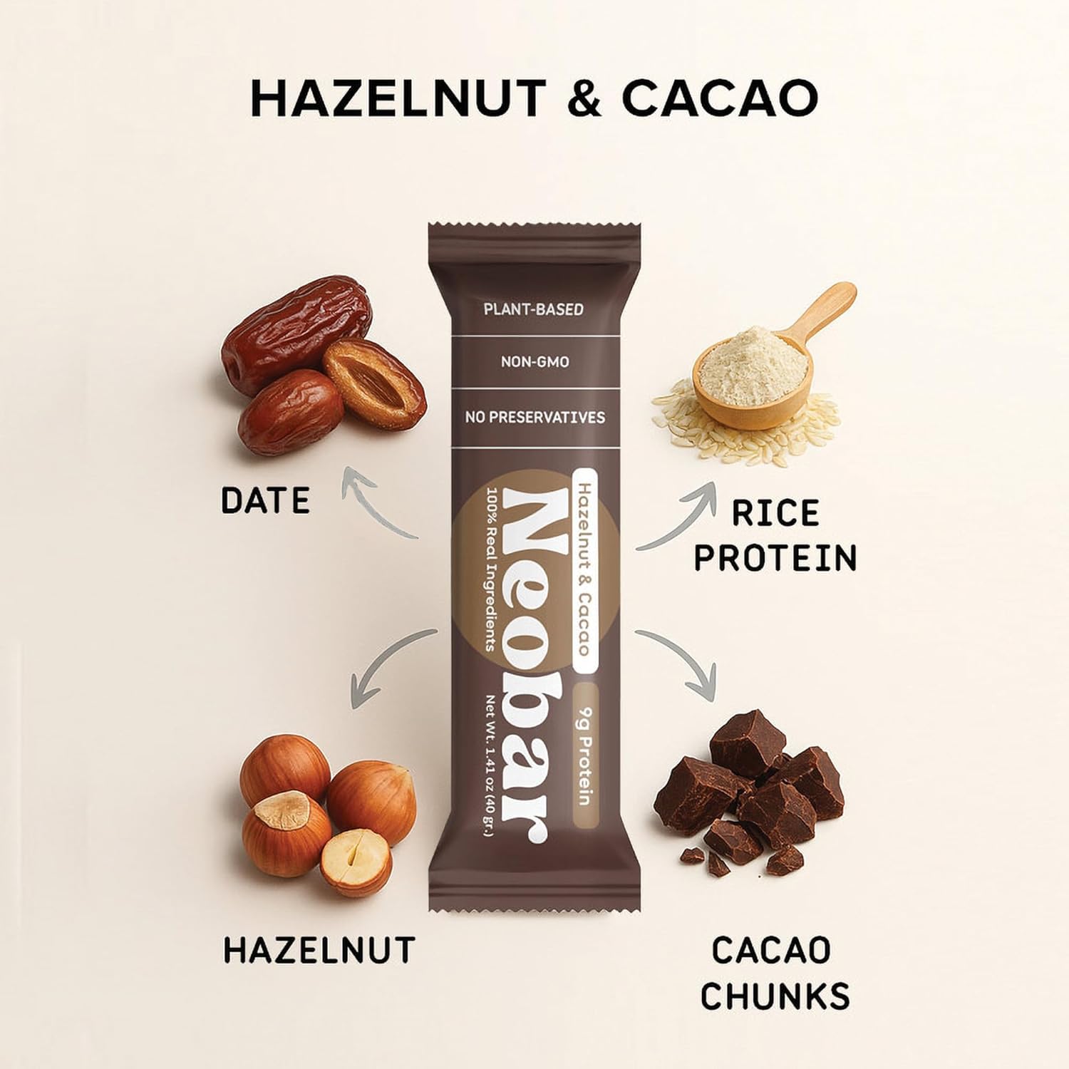 NEOBAR 9g Plant-Based Protein Hazelnut & Cacao Fruit and Nut Bars - Vegan Snack Bars, Gluten Free Dairy Free Snacks, No Preservatives, No Refined